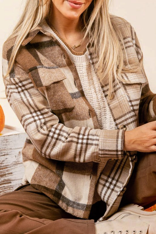 Women Flannel Plaid Double Flap Pocket Jackets