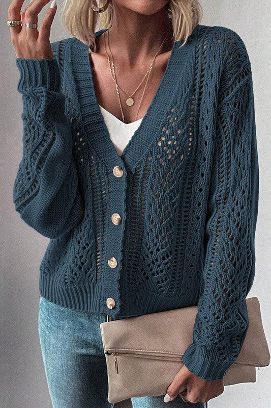 Women Open Knit Drop Shoulder Sweater Cardigan