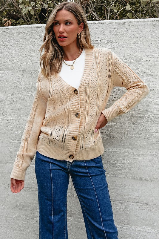 Women Open Knit Drop Shoulder Sweater Cardigan
