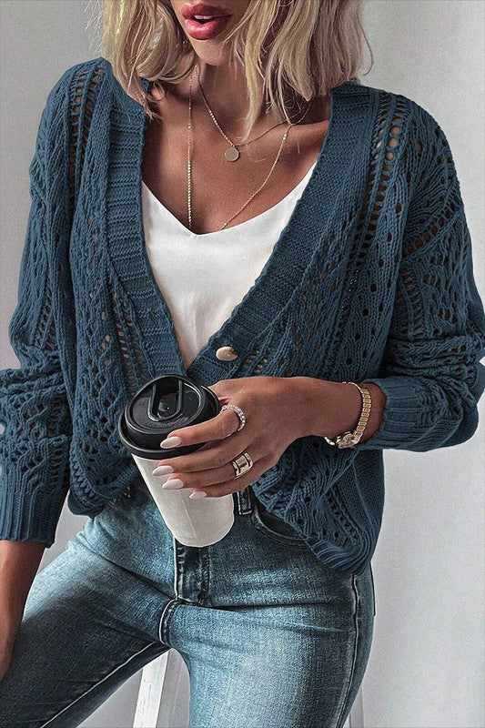 Women Open Knit Drop Shoulder Sweater Cardigan