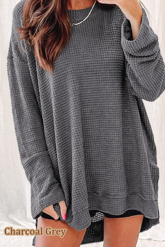 Waffle Knit Drop Sleeve Side Slits Oversized Top